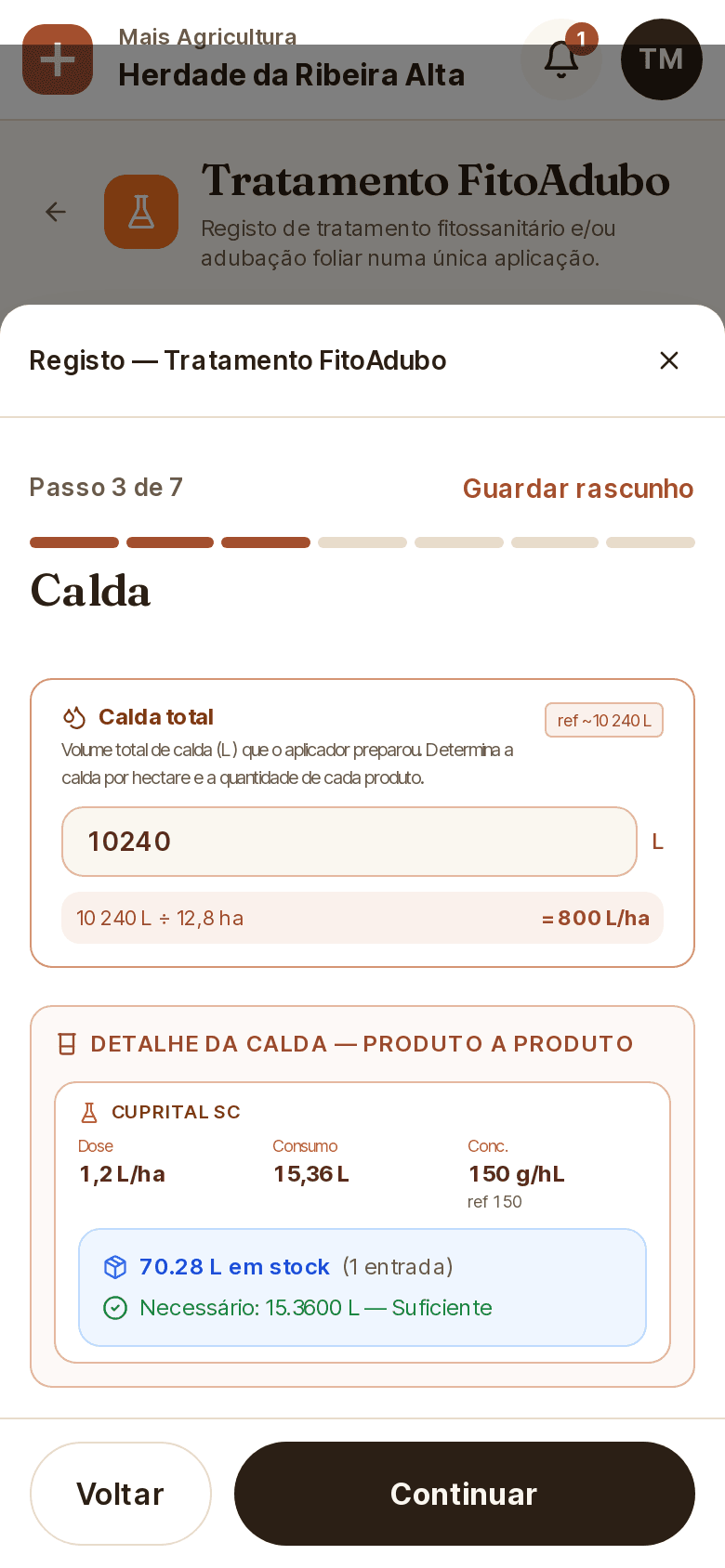 Passo da calda na execução do tratamento, no telemóvel